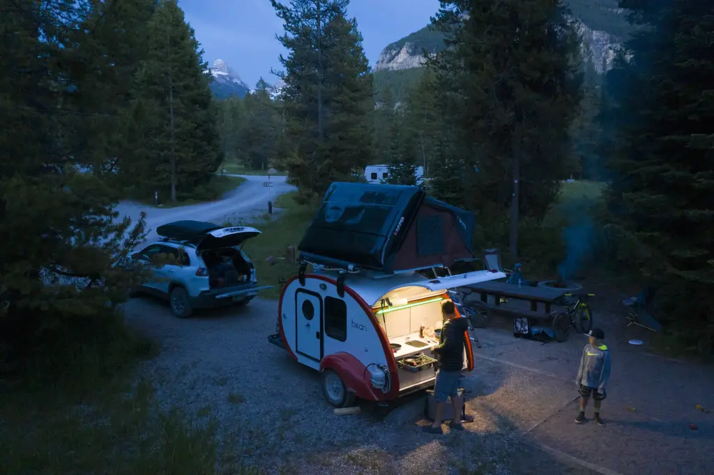 Bean Trailer with galley light on at night