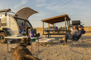 Bean trailer set up for desert camping