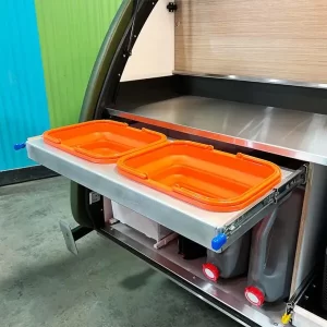Rack out with wash bins and cutting boards