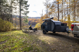 Bean Trailer camping in Pennsylvania in the fall.