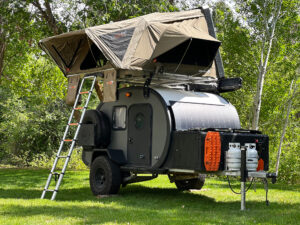 Roof top tent set up on Bean Trailer