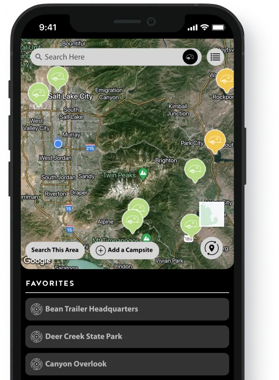 Homepage of the Bean There Camping app showing a map with pins of Trailer locations