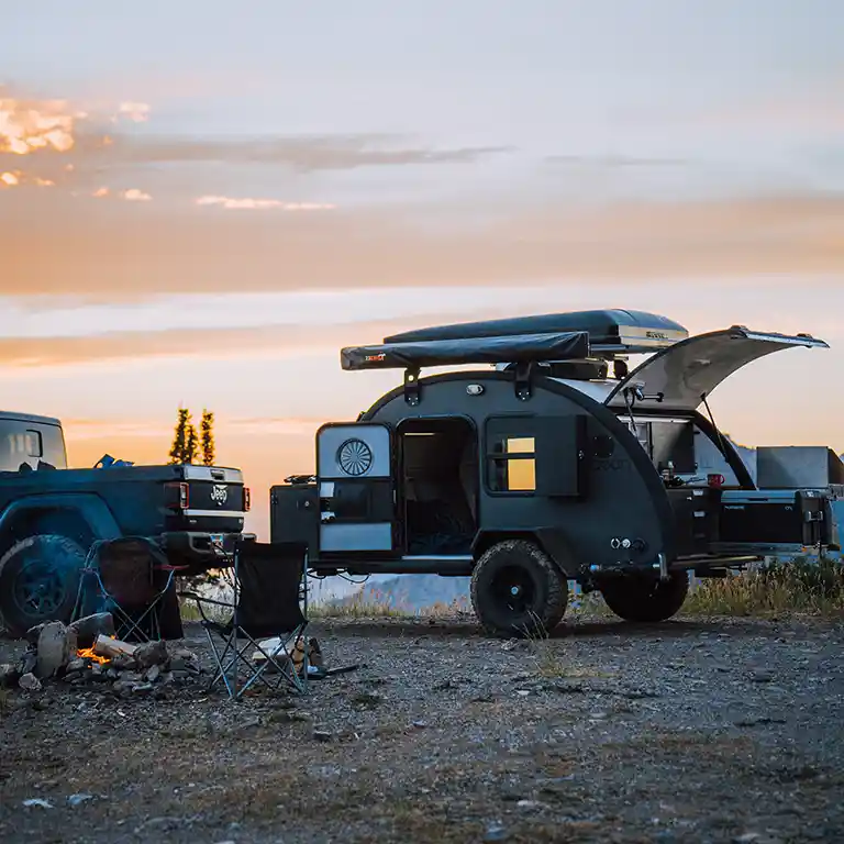 Black Bean at camp at sunset, galley open