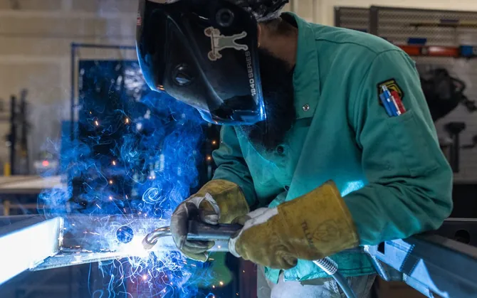 A Bean welder joining a steel trailer frame in the Salt Lake City shop